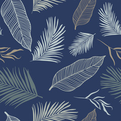 Tropical Leaves Seamless Pattern - elegant leaves on dark blue background - great for Textiles, Fabrics, Wallpapers, banners, Cards - surface design