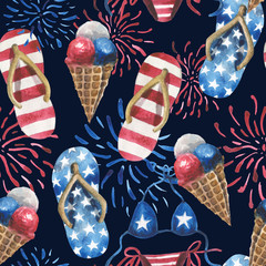Watercolor pattern, beach slippers, fireworks, ice cream in a cone. All elements in the colors of the USA flag. An excellent pattern for products on a patriotic theme for national holidays. 
