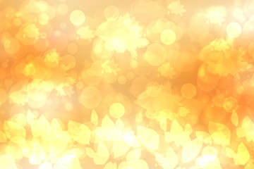 A festive abstract golden yellow gradient background texture with glitter defocused sparkle bokeh circles and leaves. Card concept for Happy New Year, party,  invitation, valentine or other holidays.