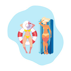 girls with swimsuit in lifeguard and mattress floats in water