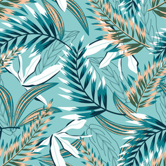 Trendy seamless pattern with colorful tropical leaves and flowers on a pastel blue background. Vector design. Jung print. Floral background. Printing and textiles.