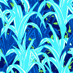 Jungle background with silhouette of paradise tropic and banana leaves