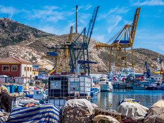 Cranes in Sea cargo port. Cartagena, Spain