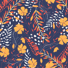 Summer trend seamless pattern with tropical leaves and flowers on a dark blue background. Vector design. Jung print. Floral background. Printing and textiles.