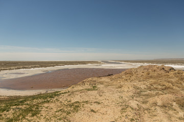 Aral sea.Part of the dried-up Aral sea,salt marshes and industrial water near the city of Aralsk.Kazakhstan