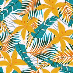 Fototapeta na wymiar Summer bright seamless pattern with tropical leaves and flowers on white background. Vector design. Jung print. Floral background. Printing and textiles.