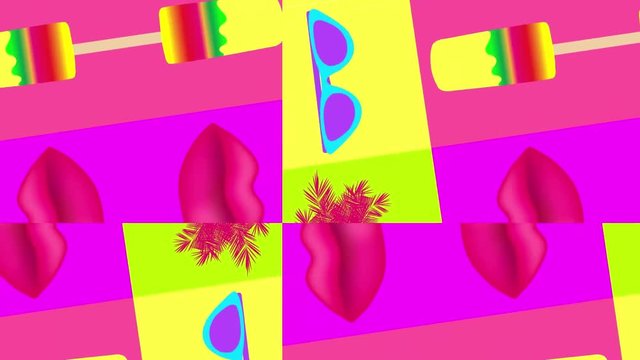 90's and 80`s style vector objects animation. Vector illustration retro background. glasses, palm tree, lemon slice and sexy lips. stock footage