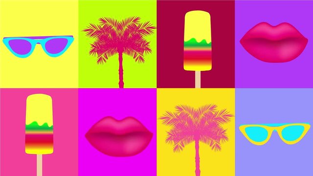 90's and 80`s style vector objects animation. Vector illustration retro background. glasses, palm tree, lemon slice and sexy lips. stock footage