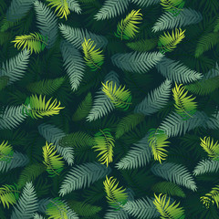 pattern with tropical leaves of different shapes and different shades of green on a dark green background
