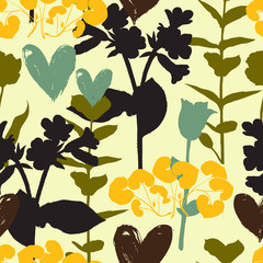 Vector seamless floral pattern with hearts and shapes of plants