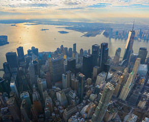 Panoramic aerial of the Manhattan financial district with modern office towers in New York City                      