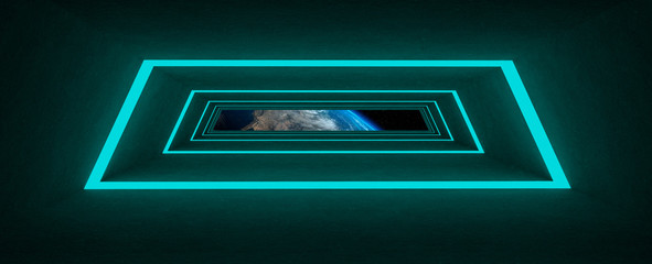 Render de túnel espacial con luces de neón y material brillantes. Fondo de pasillo con ventana al...