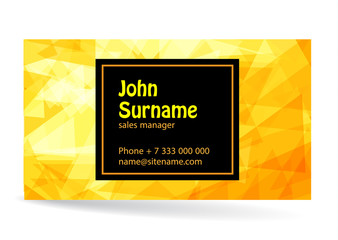 Business card bright design with yellow background of chaotically moving triangles