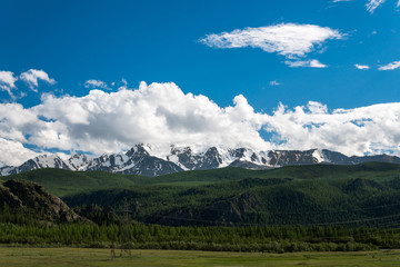 summer landscape with Altai mountains and glaciers. snow-capped peak of the glacier in the Altai.