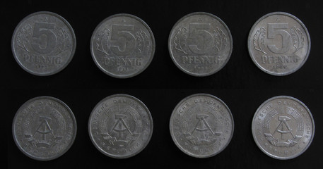 Set of 4 (four) different years vintage DDR East Germany (GDR - German Democratic Republic) 5 Pfennig aluminium coins triple lot 1980, 1981, 1988, 1989 year.