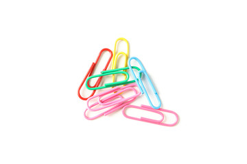 Color paper clips isolated on white background