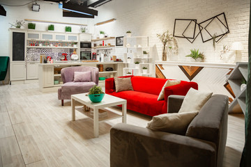 Photo studio in the style of the living room. Classic furniture, sofa, armchairs fireplace.