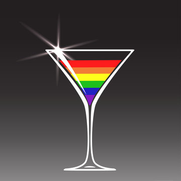 Cocktail glass with colors of LGBT flag on black background