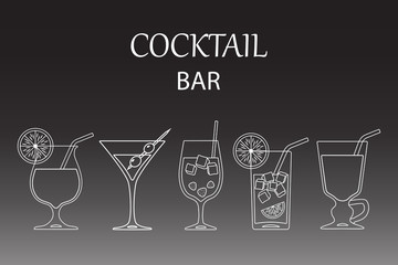 Set of cocktails line art design on black background