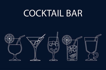 Set of cocktails line art design on blue background