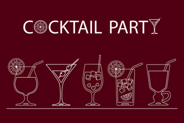 Set of cocktails line art design on red background