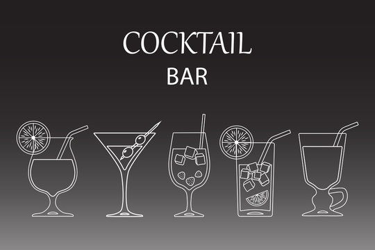 Set of cocktails line art design on black background