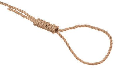 hangman's knot tied on thick jute rope isolated