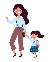 Mother and daughter going to school design