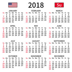 English calendar 2018, Sunday