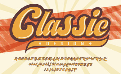 Classic design. 3D vintage script font. Retro typeface. Vector font illustration. Comics style.