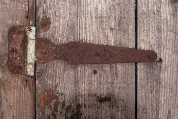 Rusty door hinge on an old wooden gate.