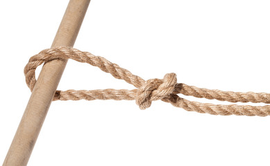 running knot tied on thick jute rope isolated