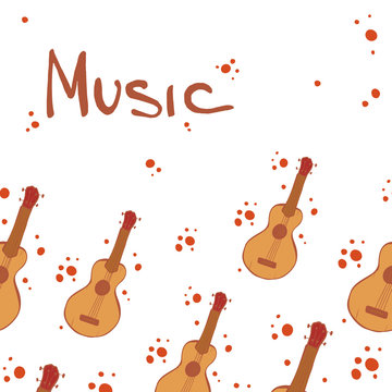 Music - guitar flat hand drawn vector illustration with lettering, spots. Rock band performance, concert banner template. Musical instruments shop. Cartoon guitar with text isolated, white background