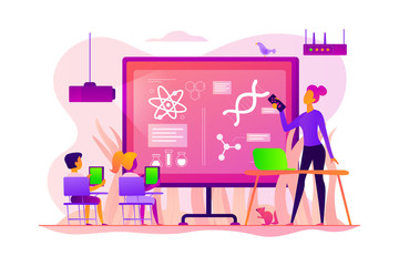 Kids with tablets studying science in classroom with teacher, tiny people. Science lessons, science flipped class, blended learning for kids concept. Vector isolated concept creative illustration.