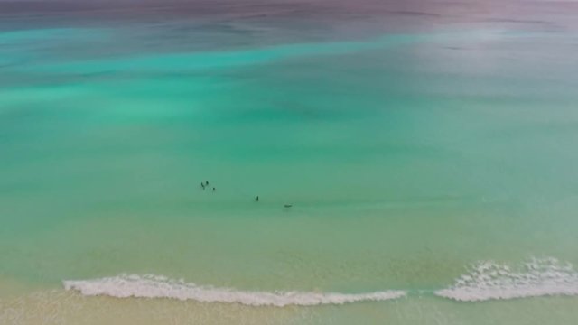 Aerial view on Chac Mool beach and turquoise water in Caribbean Sea. Resorts on Coast in Cancun, Mexico 