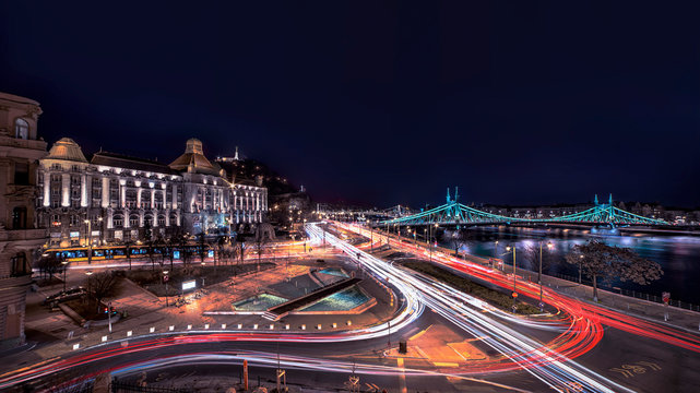 Budapest Hungary night cityscape with traffic light trails