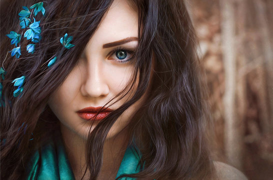 Dark-haired she-elf in spring the forest with blue bells in hair, with piercing blue eyes