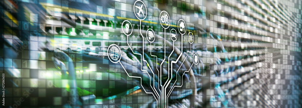 Poster smart server concept. iot internet of things. ict information communication technology. diagrams wit