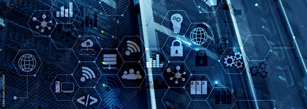 Poster ict - information and telecommunication technology and iot - internet of things concepts. diagrams w