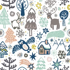 Fotobehang Vector cute pattern with forest animals and birds. © Daria Rosen