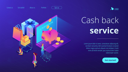 Cardholders shopping, paying and getting cash rewards and laptop with piggy bank. Cash back service, cash back rewards, money back concept. Isometric 3D website app landing web page template