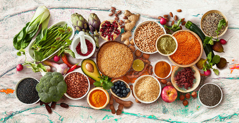 Rustic flat lay panorama of fruit and vegetables