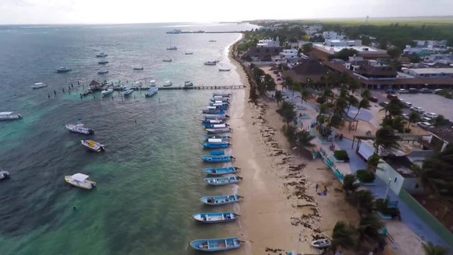 Aerial view on Beach and Coast of Caribbean Sea in Puerto Morelos, Yucatan Mexico. 
