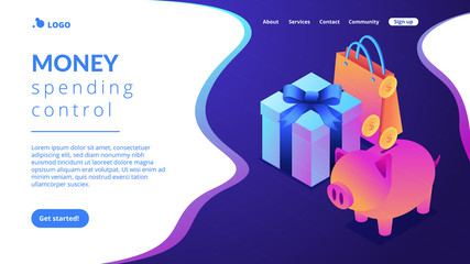 Savings in golden coins in a piggy bank, a shopping bag and a gift box. Cash savings, money spending control, save money motivation concept. Isometric 3D website app landing web page template