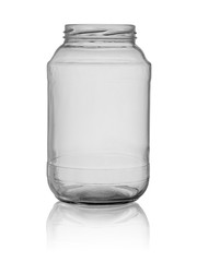 Empty glass jar with reflection. Isolated on a white background