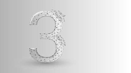 number three 2D low poly abstract illustration consisting of points, lines, and shapes in the form of planets, stars and the universe. Origami raster digit 3 wireframe concept.