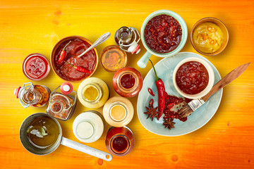 Assorted sauces, dressings and marinades for a BBQ