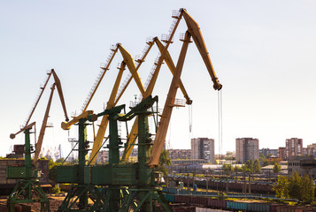 Fototapeta na wymiar Port crane silhouettes in the city background