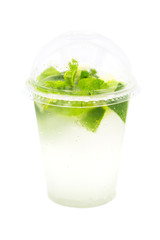 fresh drink with mint, lime and ice isolated on white background
