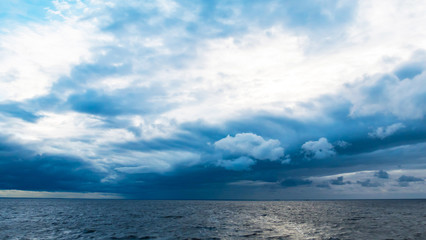 River and cloudy sky, nature background, summer time